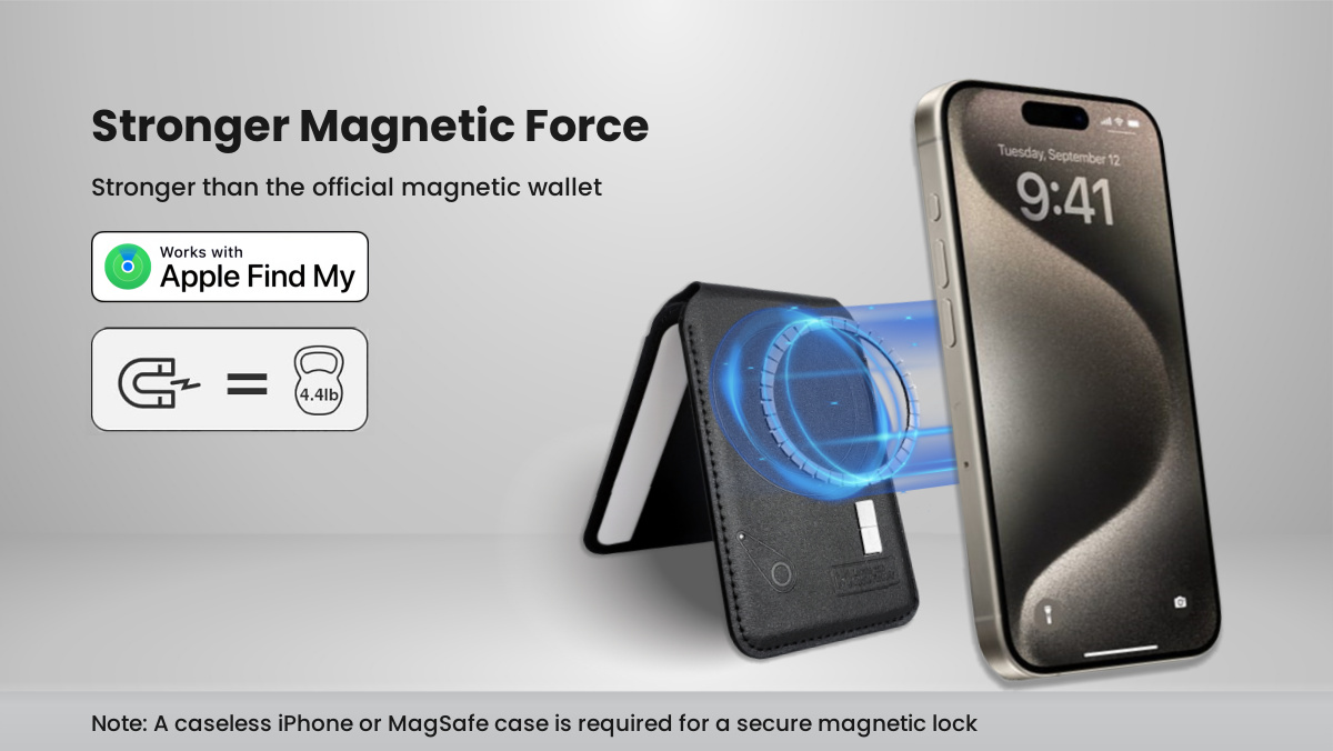 Magnet Strength Wallet Tracker with Adjustable Stand for iPhone 15/14/13/12 Series