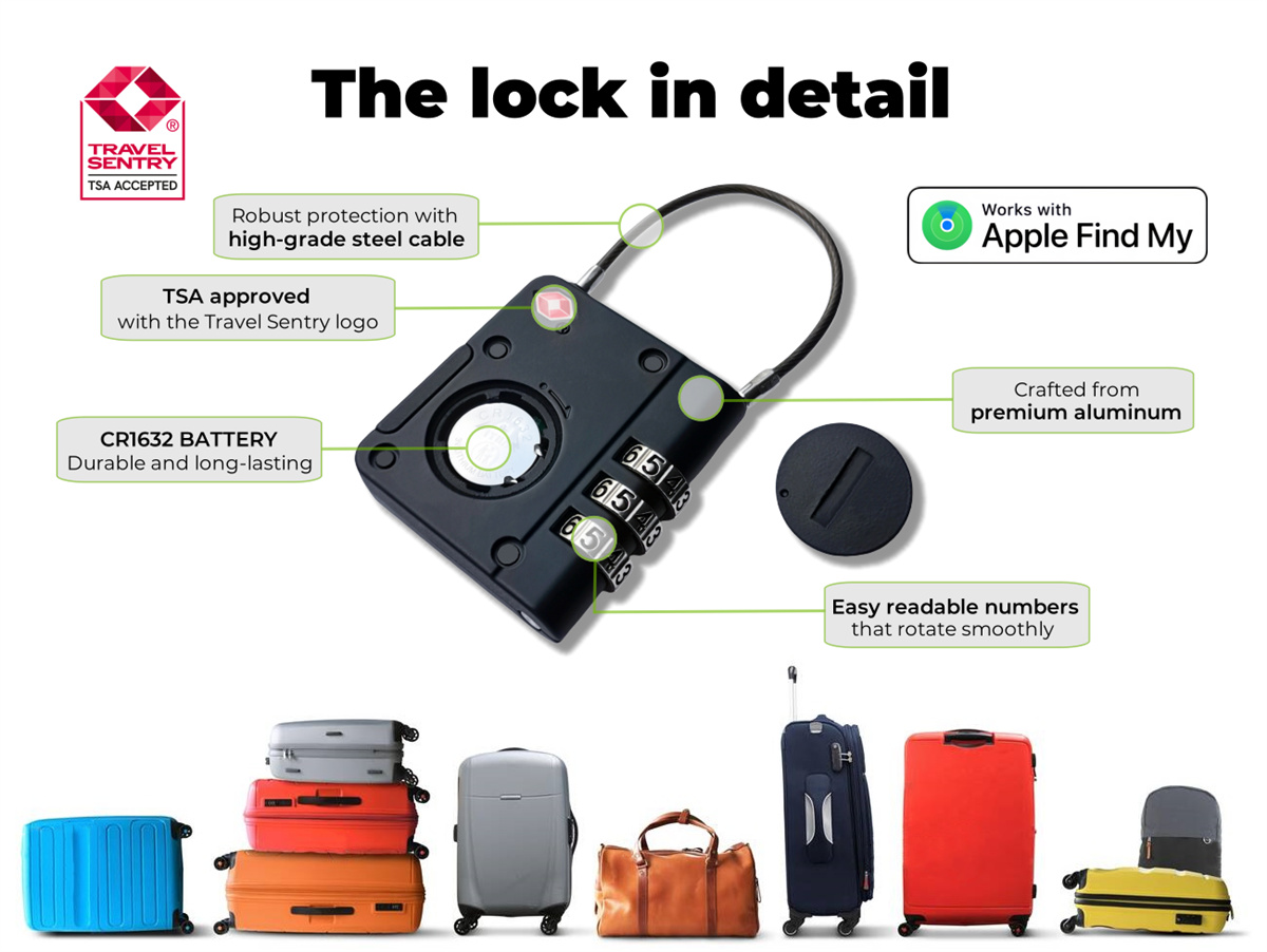 Zinc Alloy TSA Approved Travel Luggage Locator Lock with Tracking Tag, Works with Apple Find My