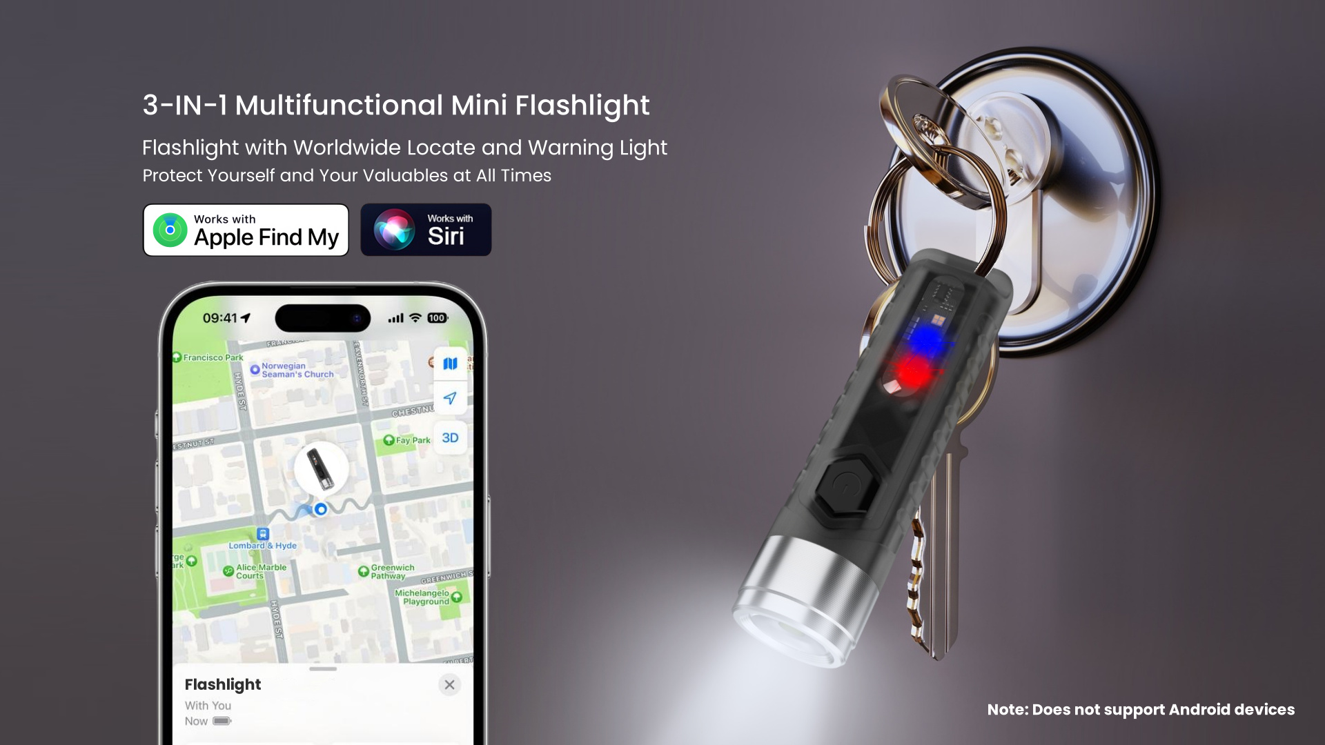 Blutooth Keys Finder and Apple Find My Item Locator LED Flashlight and Strobe Lights Keychain Work Light