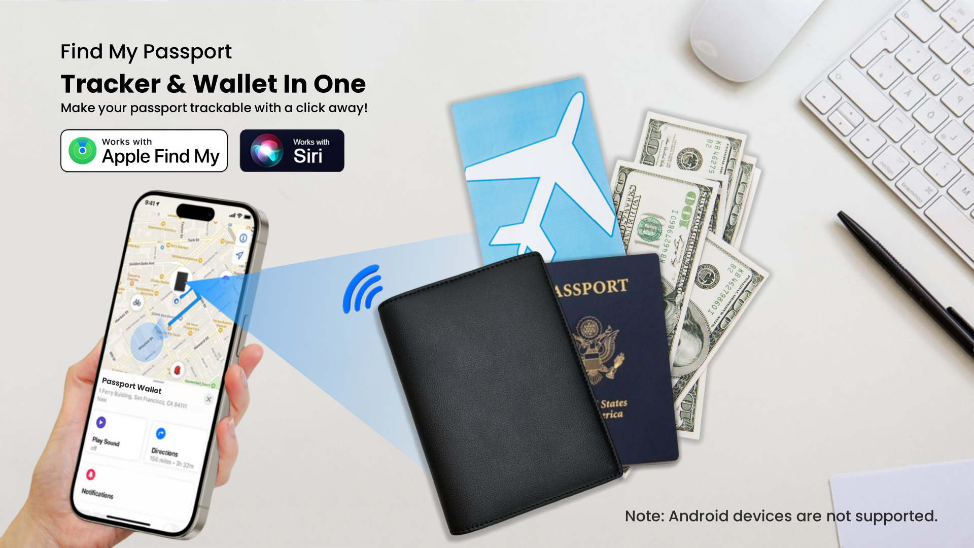 Passport Holder with Bluetooth Tracker Works with Apple Find My (iOS Only) Worldwide Locate Passport